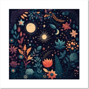 4. Celestial Bohemian Flowers Aesthetic Design Stars Moon Floral Cosmic Pattern Posters and Art